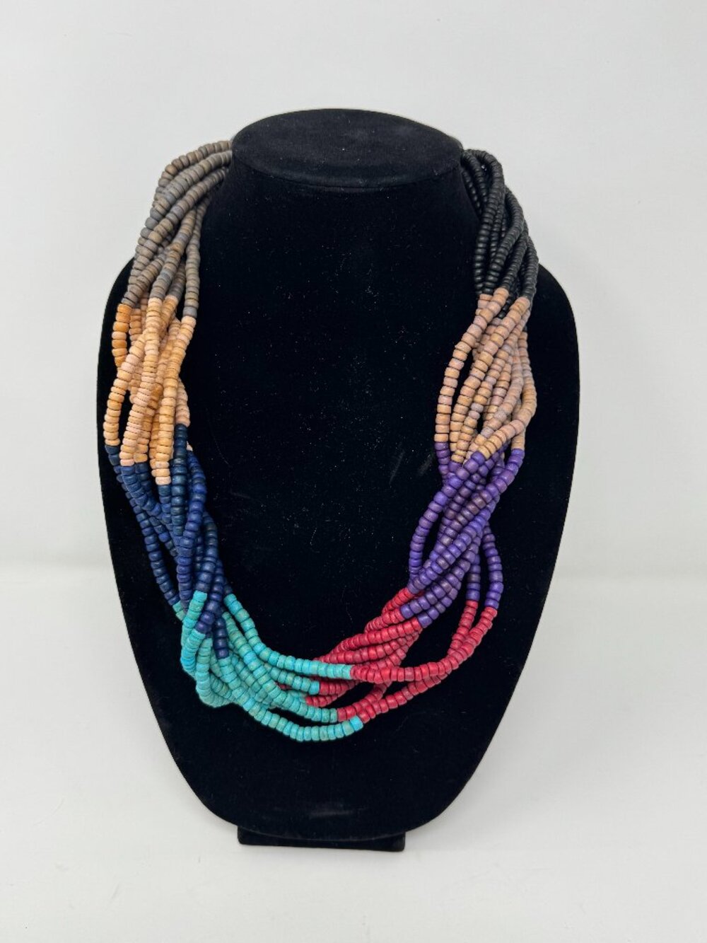 Vintage Multi Strand Wood Bead Colorblock Chunky Boho Torsade Necklace